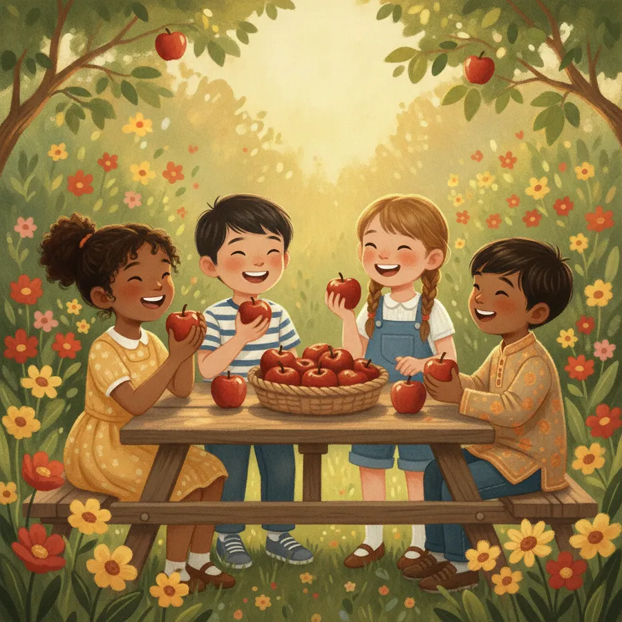 Four children share a basket of apples at a picnic table