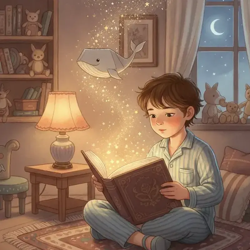 A boy reading a glowing storybook