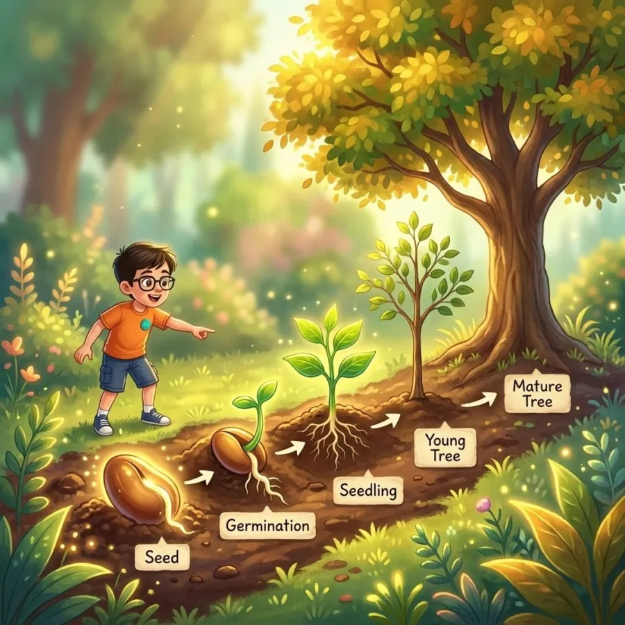 A labelled picture from seed to tree